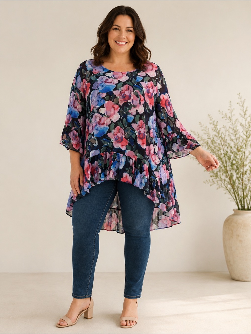 Women’s Sheer Floral Hi-Low Tunic Size 18 2X Romantic Artsy Ruffle Flare Sleeve